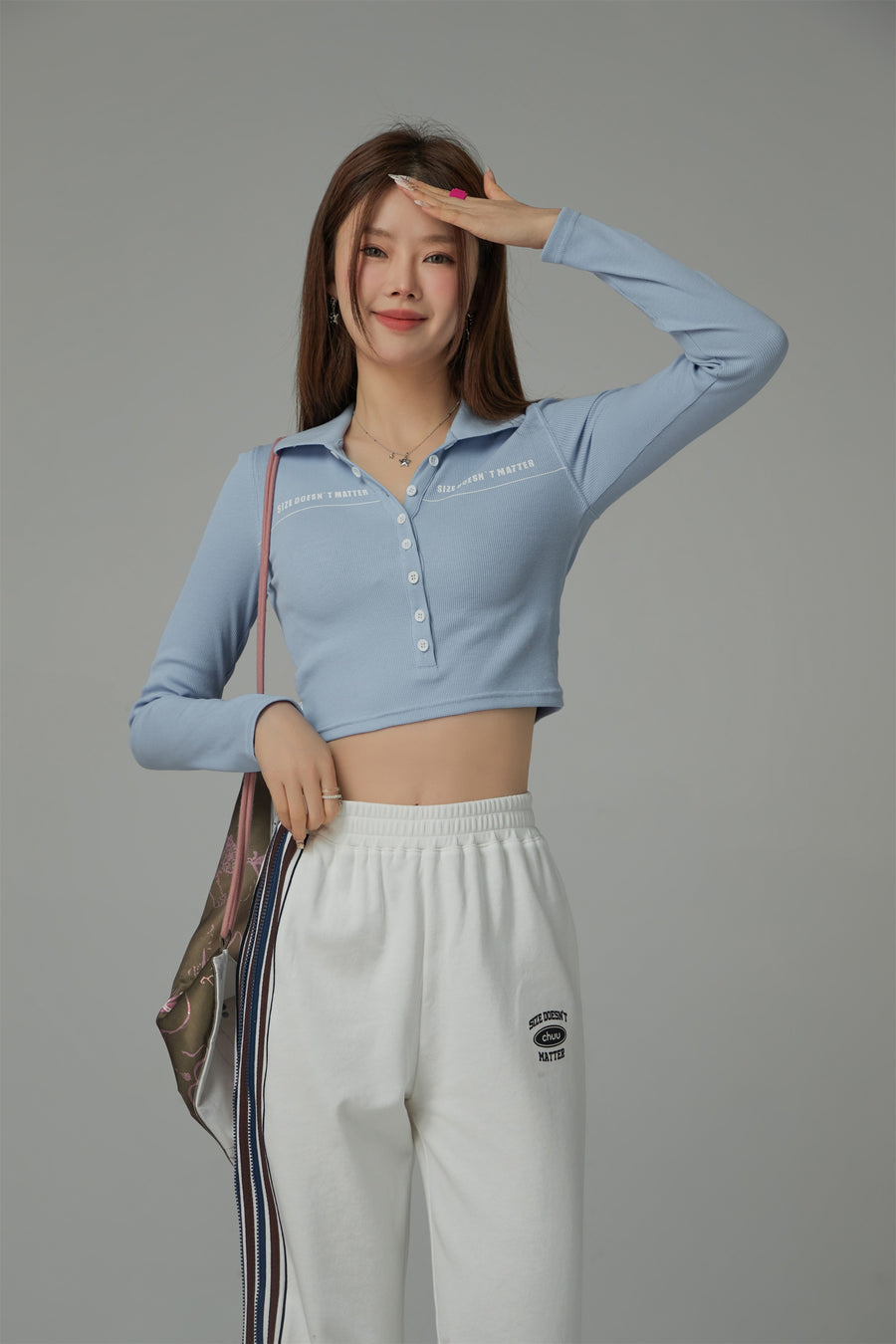 CHUU Size Doesnt Matter Collar Button Cropped T-Shirt