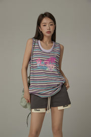 Chuu Baby Printed Design Striped Sleeveless Oversized T-Shirt