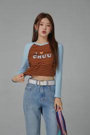 I Love Chuu Raglan Cropped Shirring T-Shirt