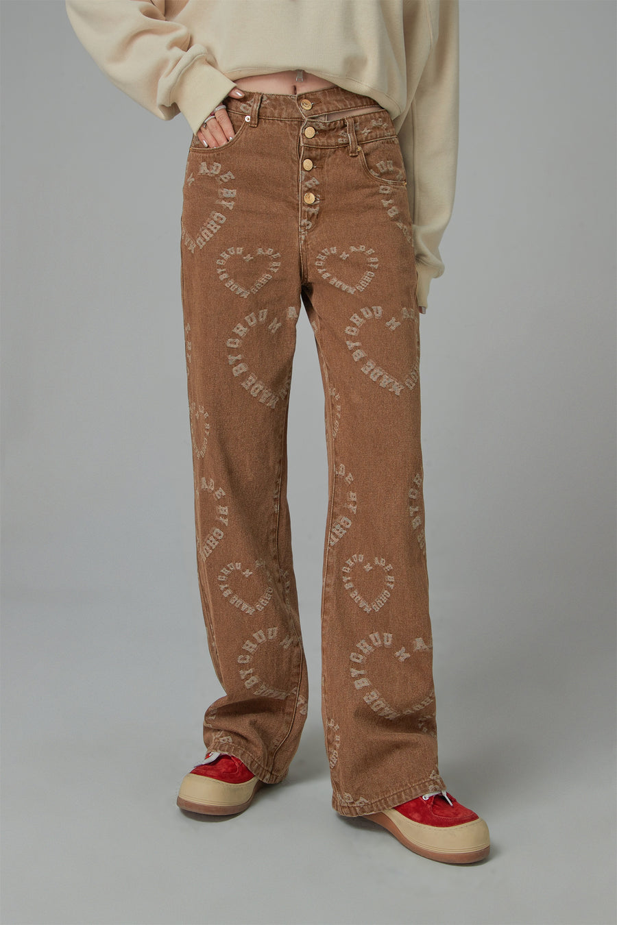 CHUU Waist Cutout Heart Print Wide Jeans