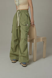 Basic Color String Cargo Wide Pants