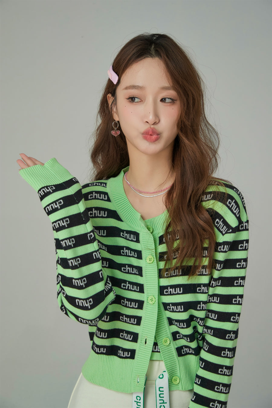 CHUU Stripes Chuu Logo Knit Cardigan