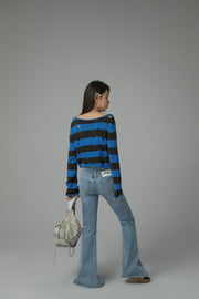 Distressed Stripe Crop Knit Top