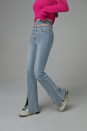 Front Slit Cutout High-Waist Washed Jeans