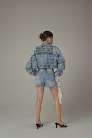 Fringe Trim Denim Cropped Jacket