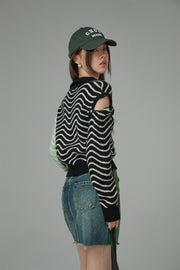 Zig-Zag Stripes Cutout Shoulders Knit Sweater