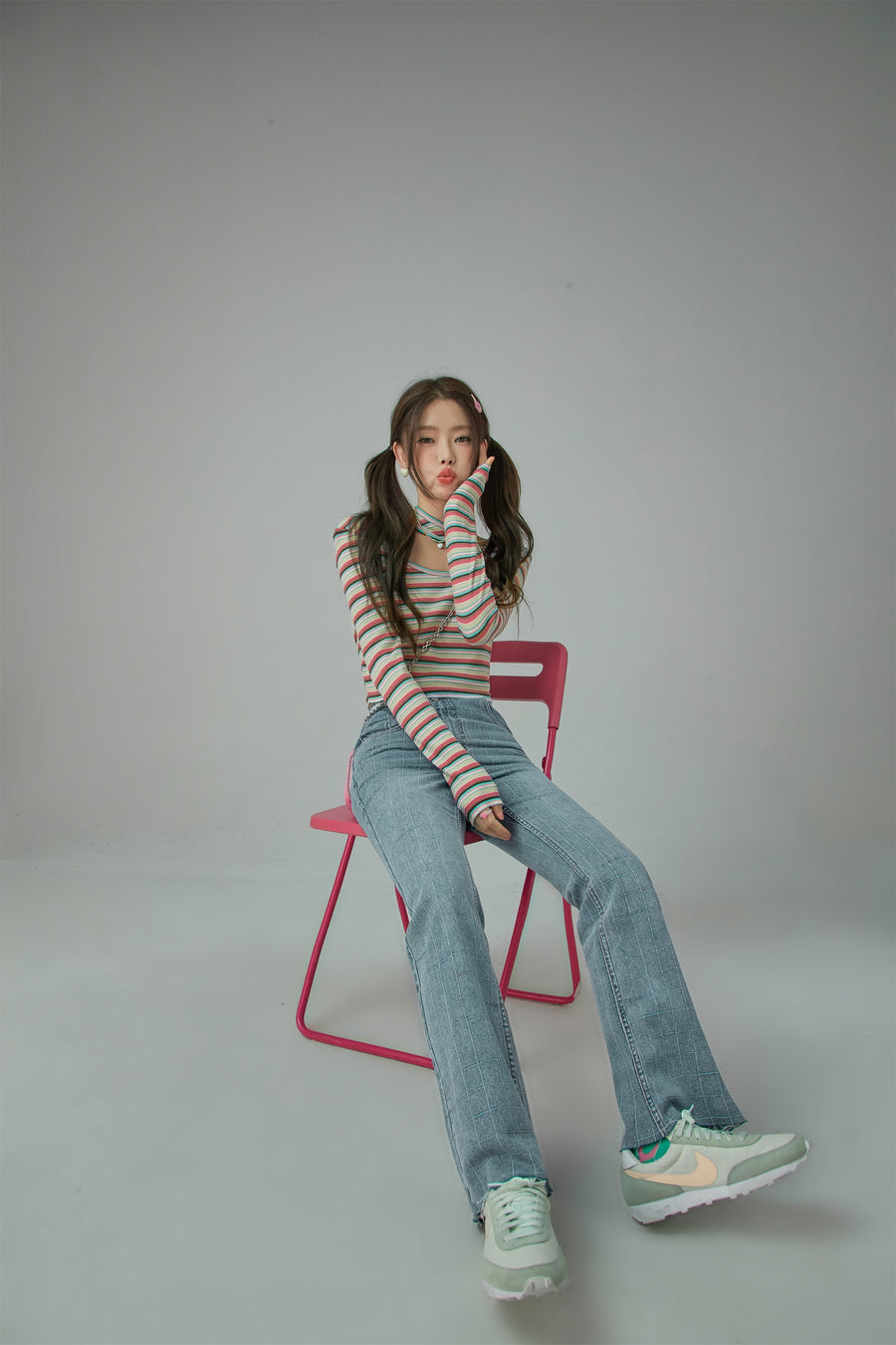 CHUU Colorful Stripes Chest Cutout Long-Sleeves Top