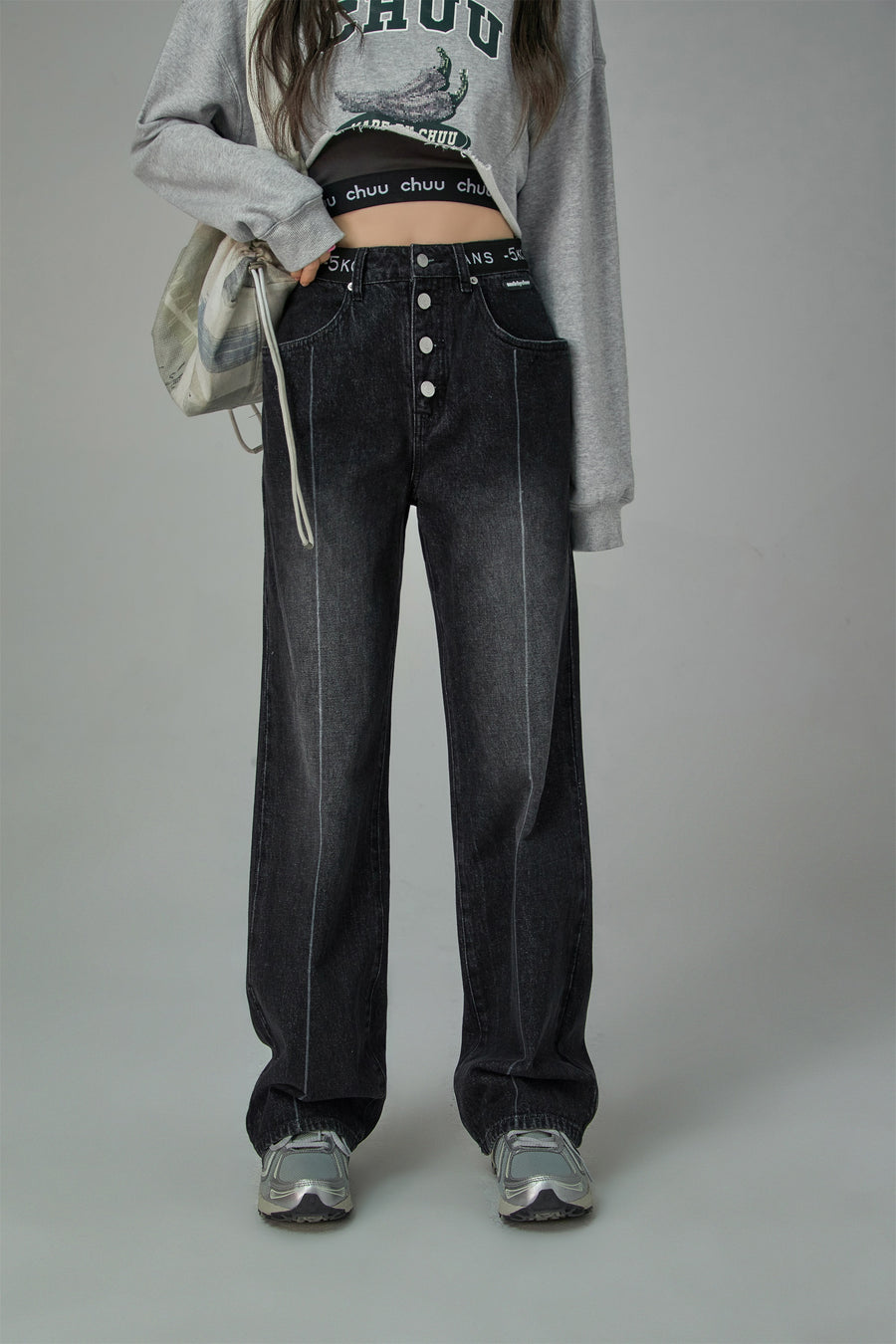 CHUU Star Power Ribbed High Waist Straight Jeans