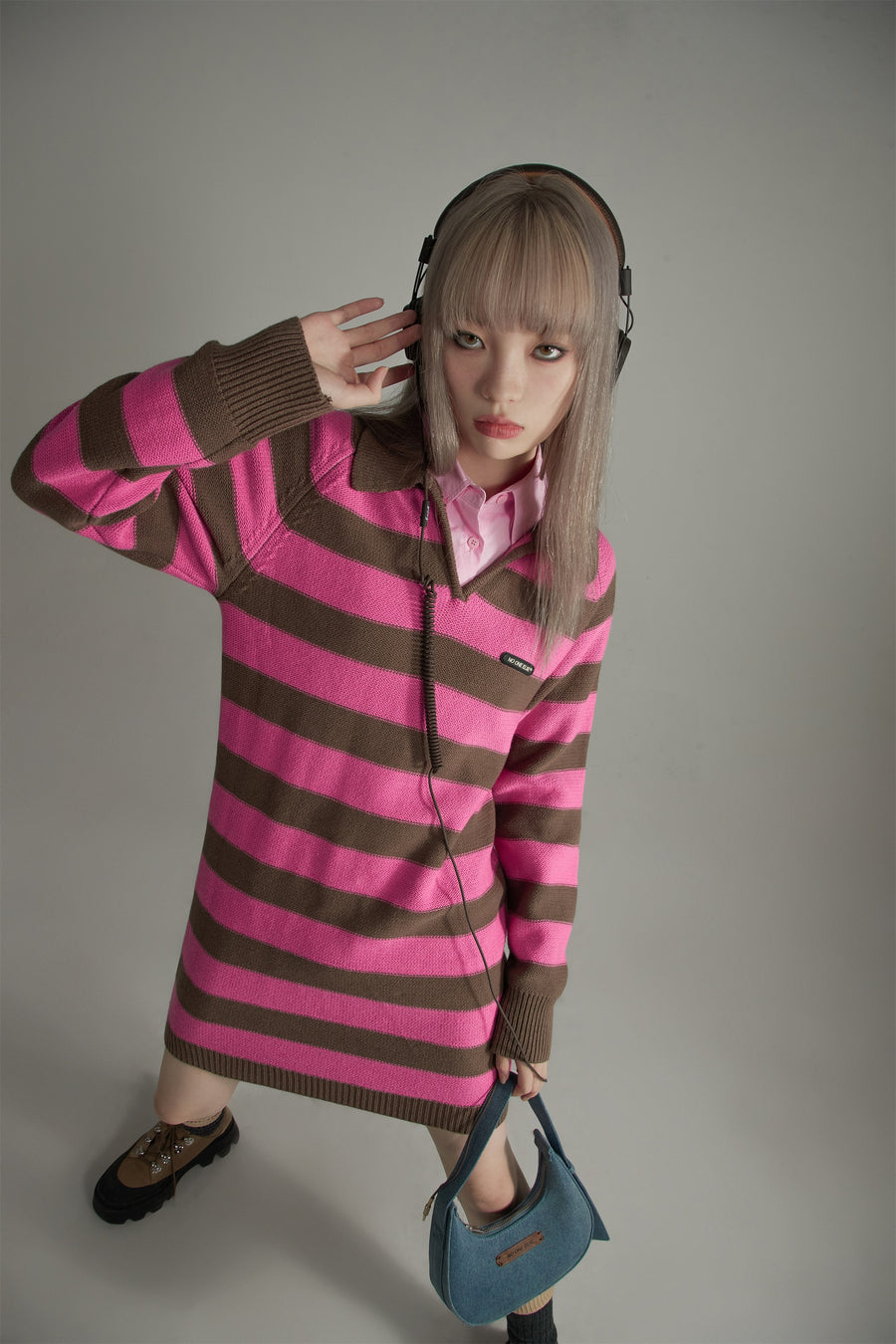 CHUU Color Stripe Polo Knit Dress