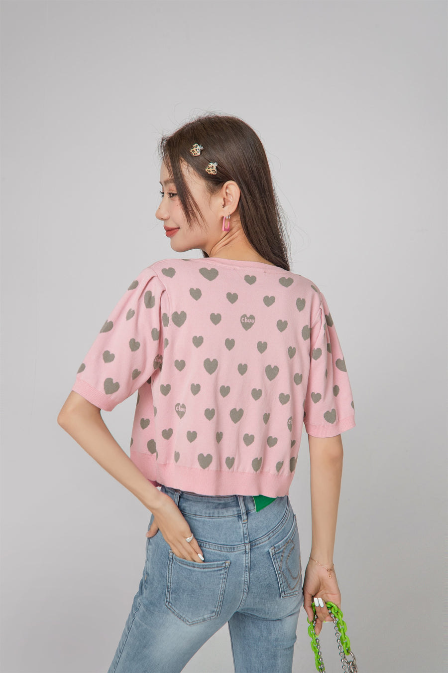 CHUU Heart Short Sleeve Knit Cardigan