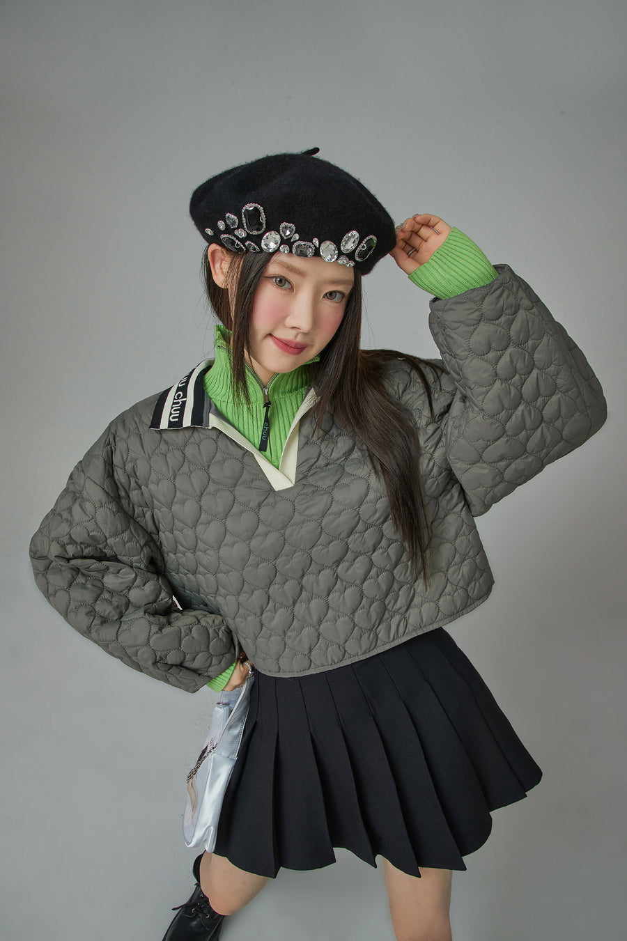 CHUU Heart Quilted V-Neck Anorak