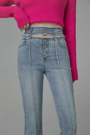 Front Slit Cutout High-Waist Washed Jeans