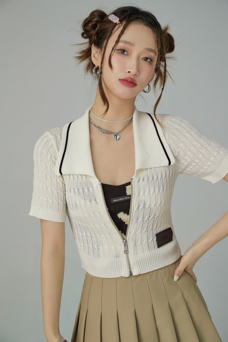 CHUU Zip-Up Cable Knit Crop Cardigan