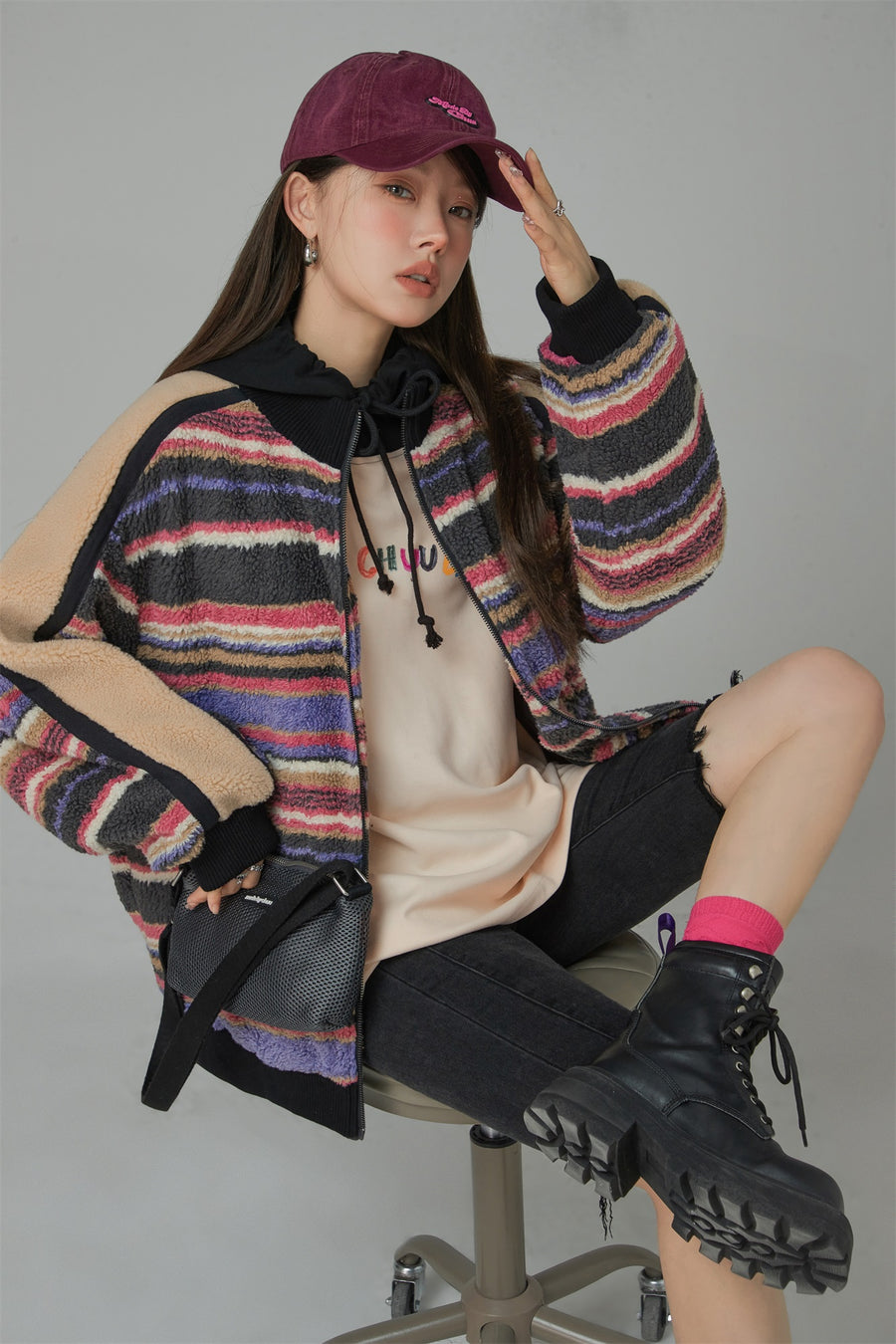 CHUU I See The Light Striped Fleece Overfit Jacket