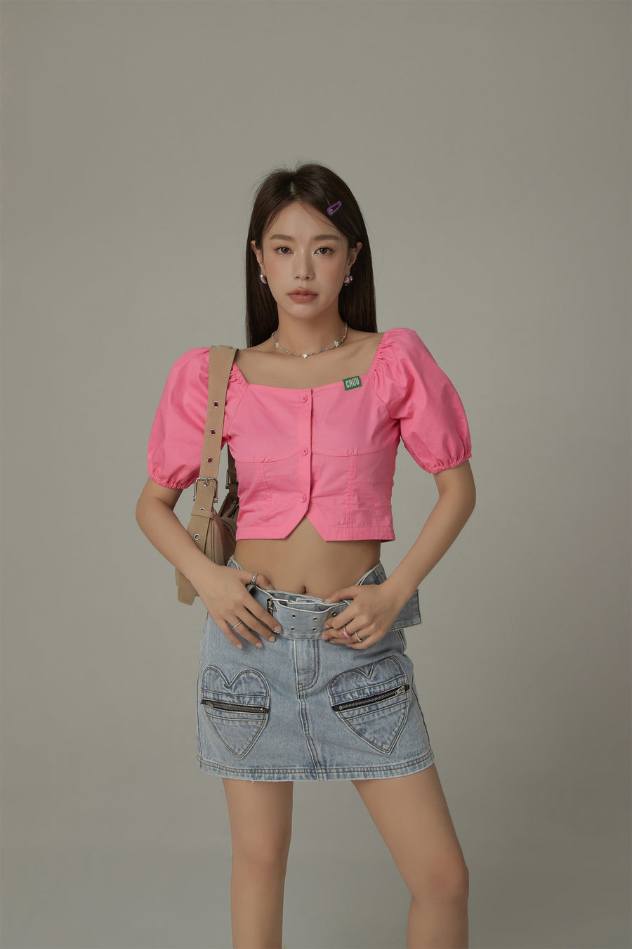 CHUU Heart Pocket Belt Denim Mini Skirt