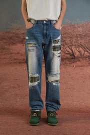 Distressed Washed Camouflage Straight Jeans