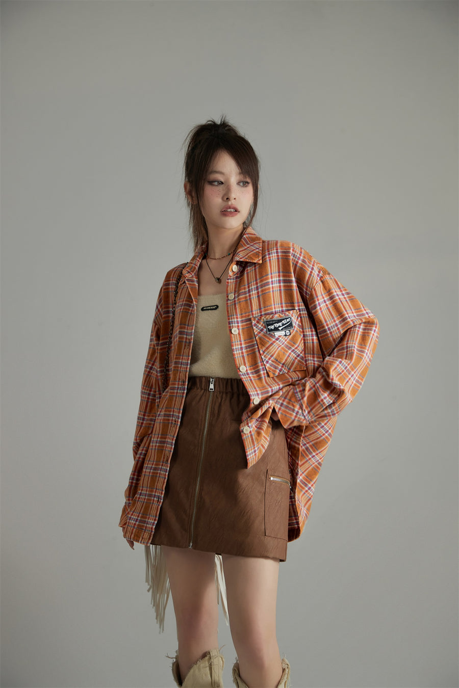 CHUU Check Print Loose Fit Button-Up Shirt