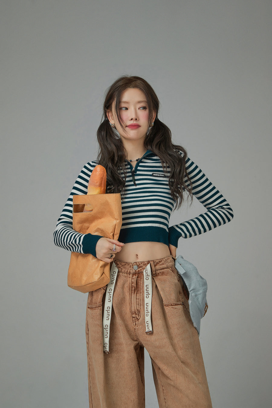 CHUU I Own A Yacht Polo Neck Stripe Cropped Knit Top