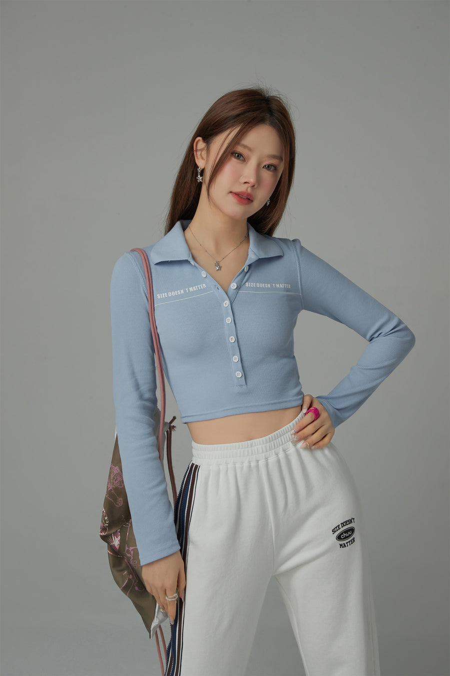 CHUU Size Doesnt Matter Collar Button Cropped T-Shirt