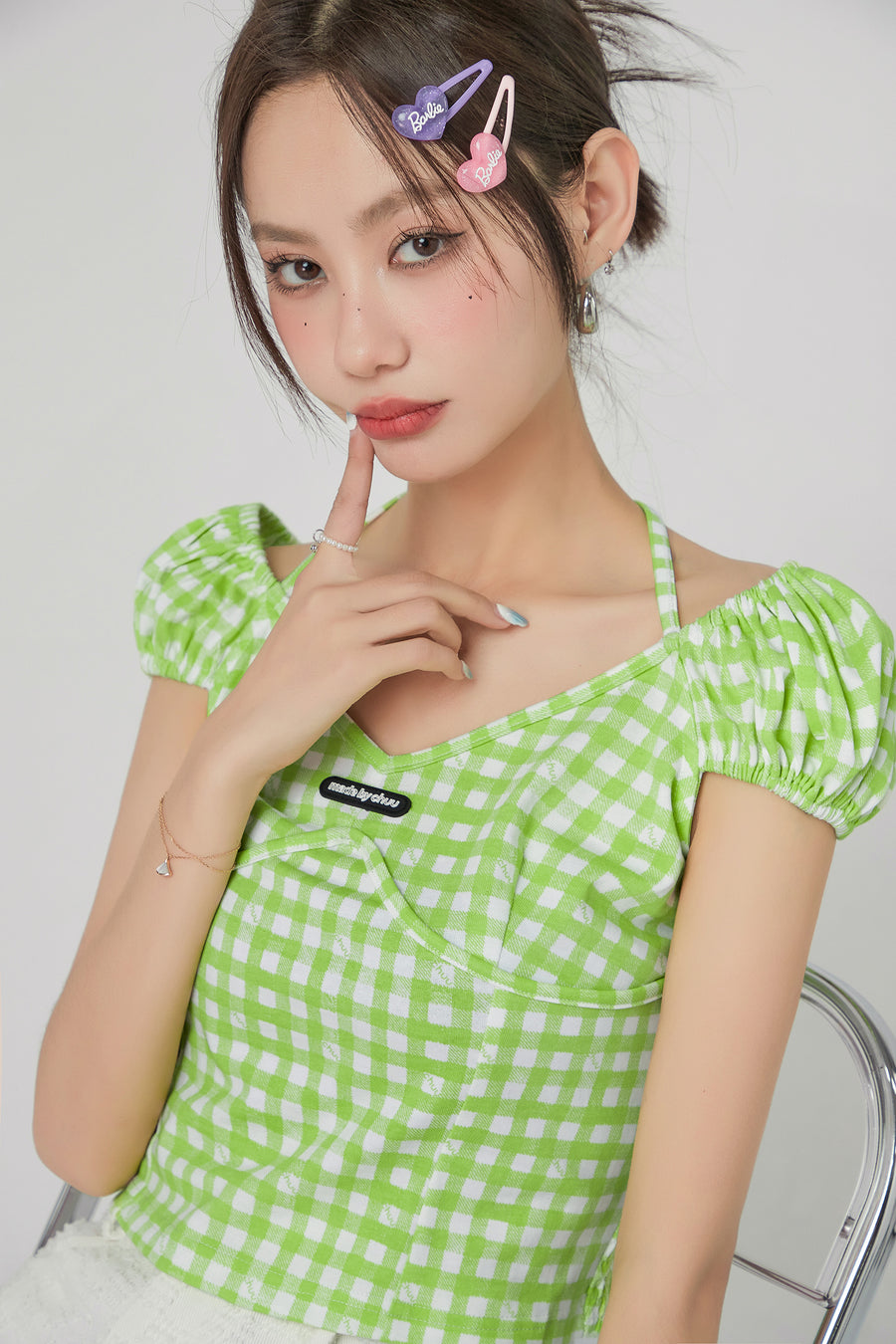 CHUU Picnic Check Puff Sleeves Blouse