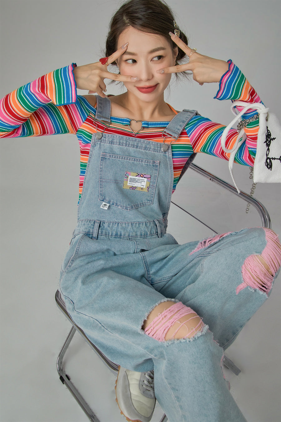 CHUU Rainbow Stripes Off-Shoulder Top