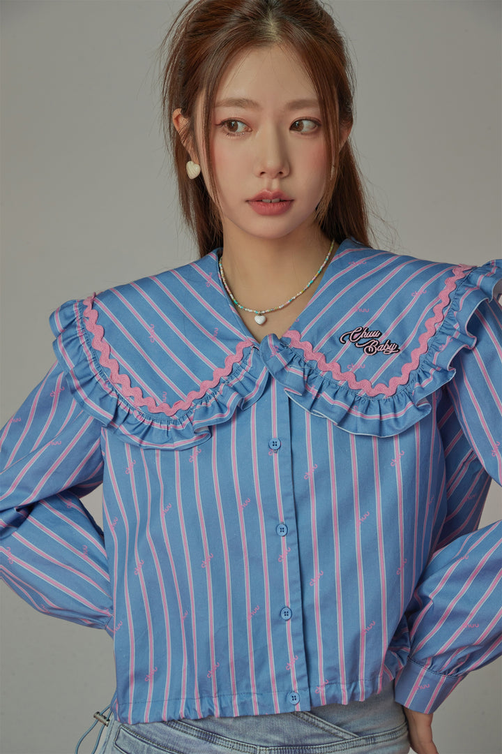 Ruffle Collar Striped Shirt