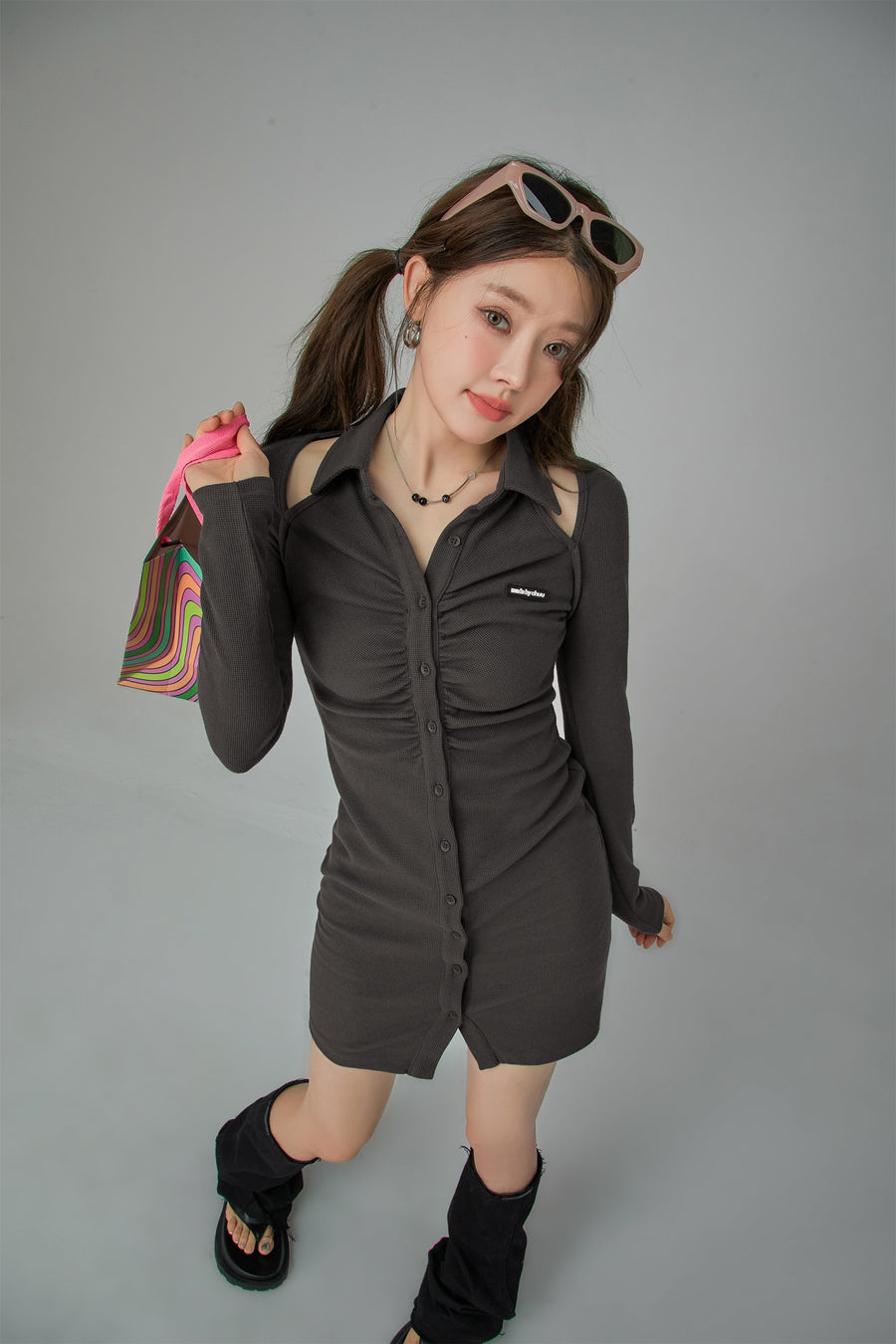 CHUU Slit Button Up Mini Dress