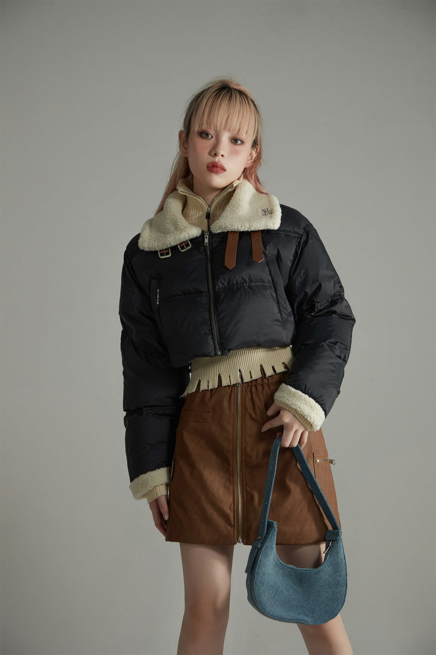 CHUU Fleece Collar Crop Padded Jacket