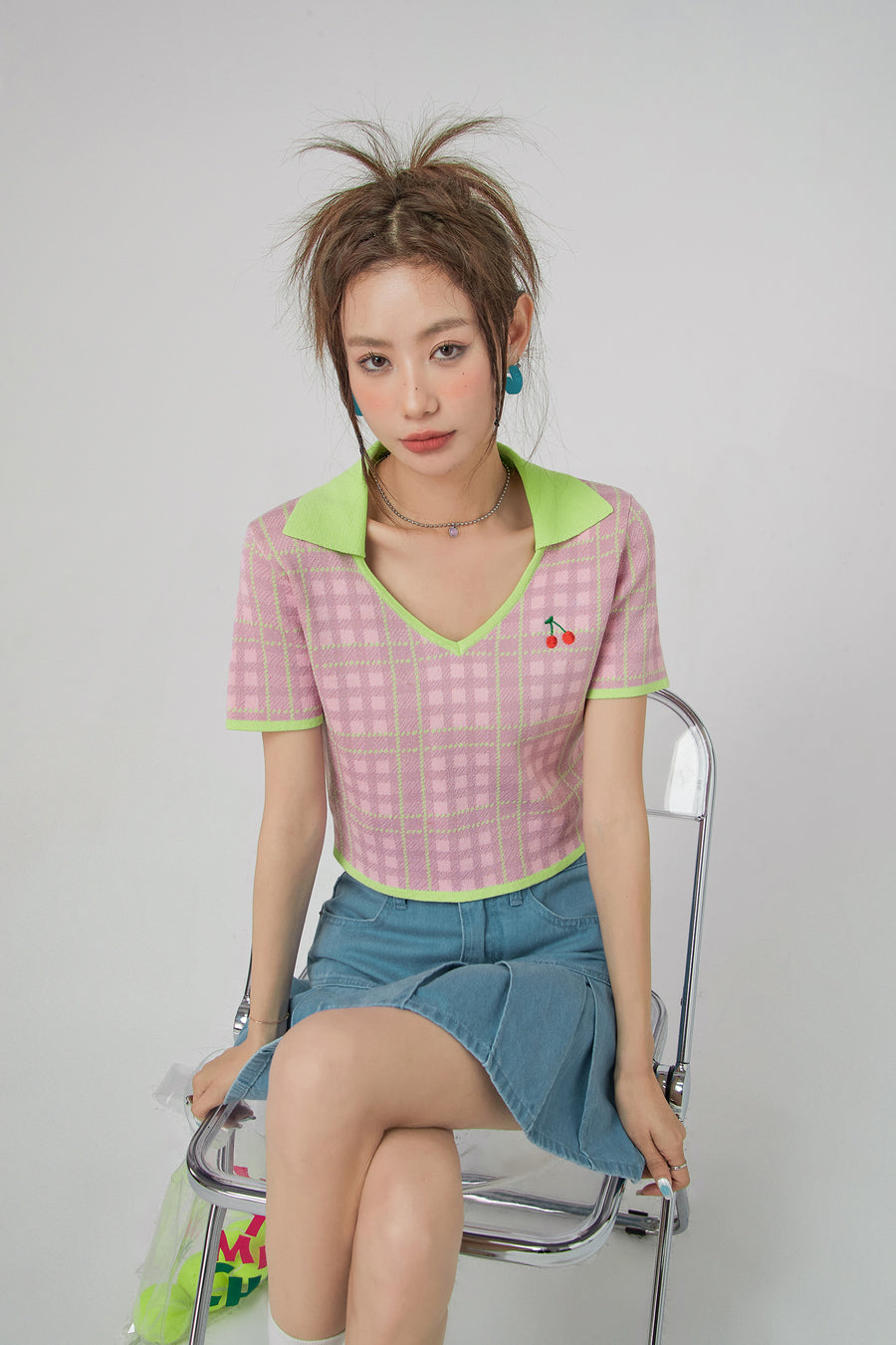 CHUU Cherry Color Cropped Knit T-Shirt