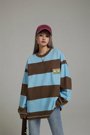 Round Neck Large Stripes Long-Sleeves Top