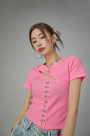 Cutout Front Hooks Short-Sleeved Top