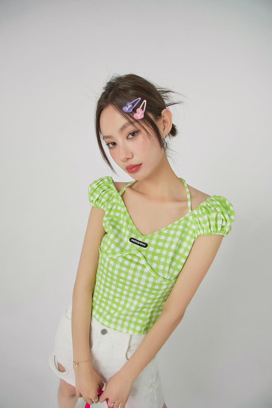 CHUU Picnic Check Puff Sleeves Blouse