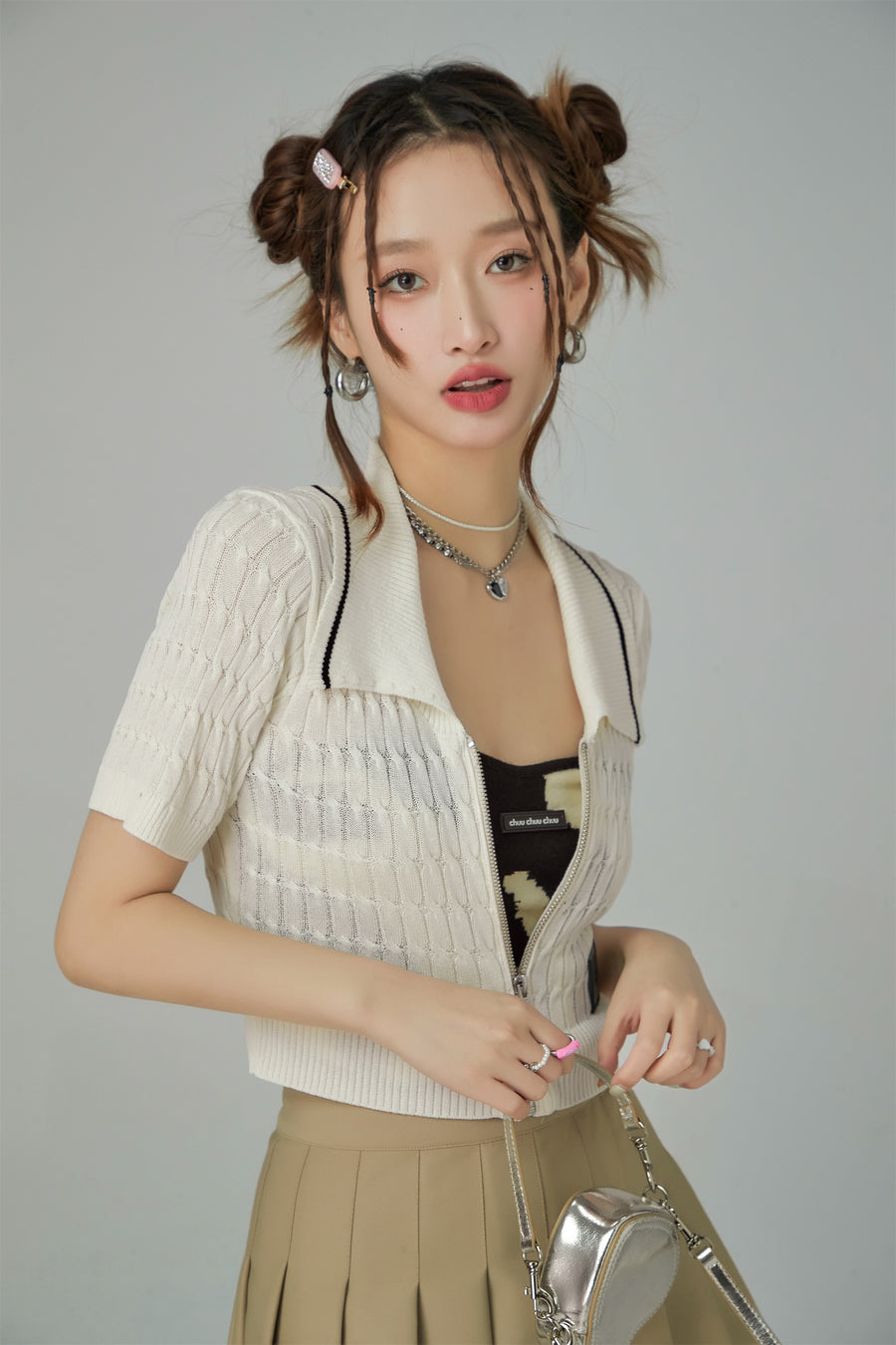 CHUU Zip-Up Cable Knit Crop Cardigan