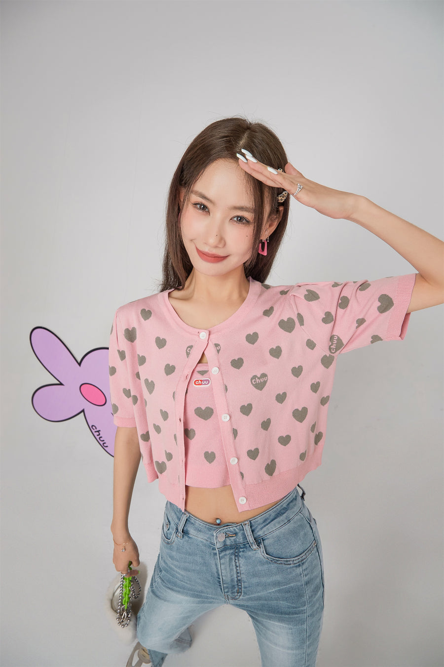 CHUU Heart Short Sleeve Knit Cardigan