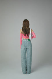 Check High-Waisted Wide Denim Pants