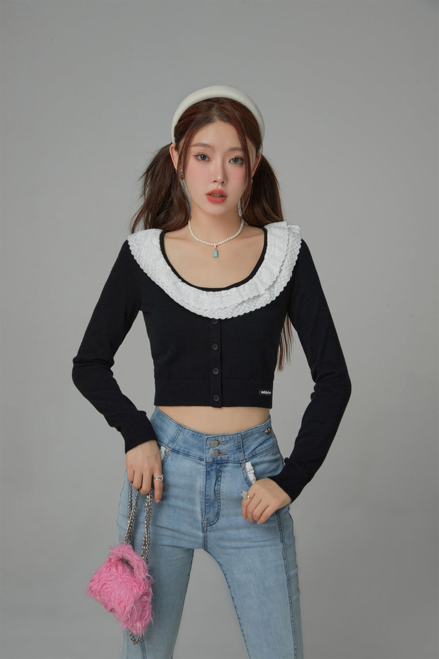 CHUU Eyelet Collar Faux Cardigan Knit Top