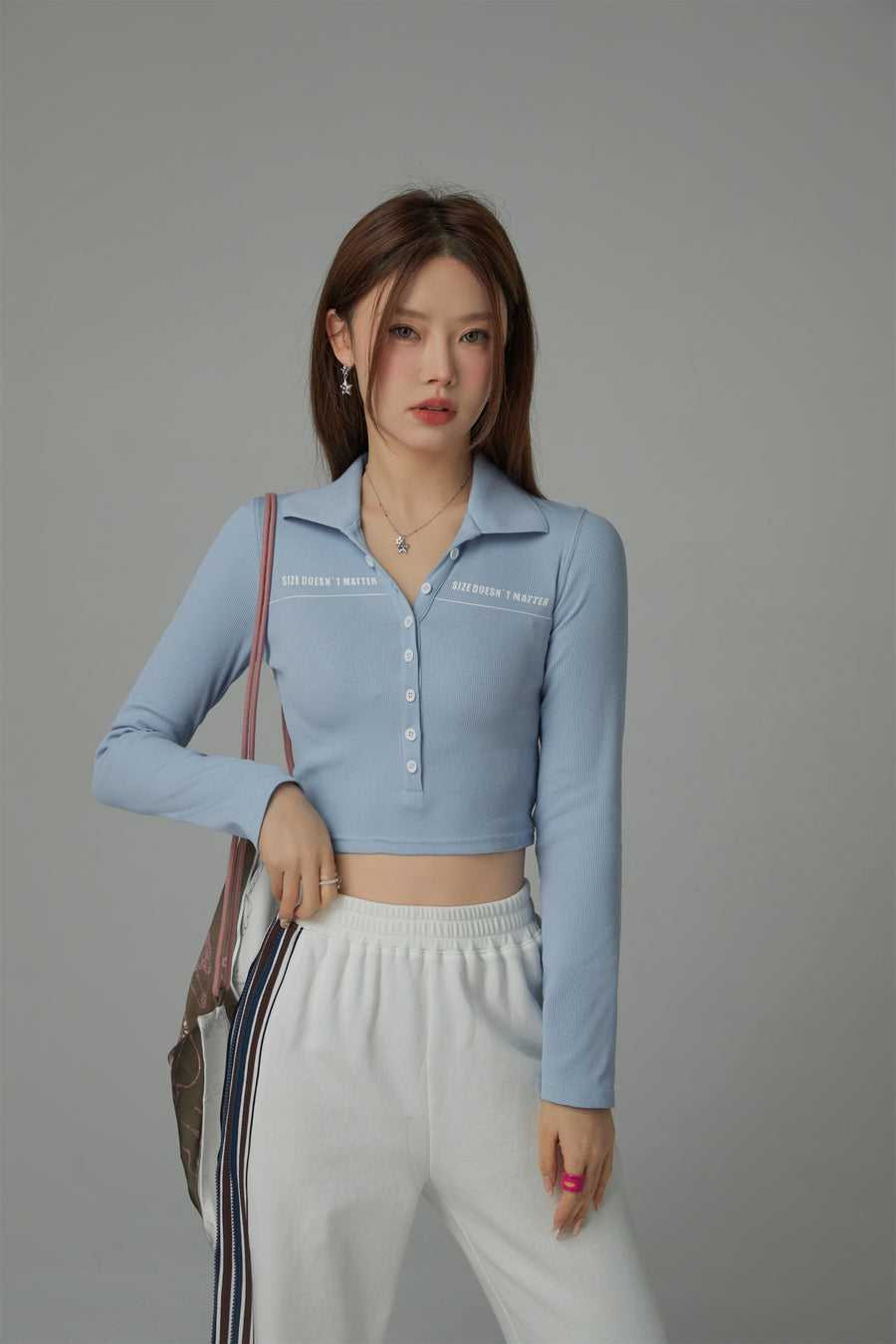 CHUU Size Doesnt Matter Collar Button Cropped T-Shirt