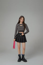 2-Layers Chest Cutout Check Knit Sweater