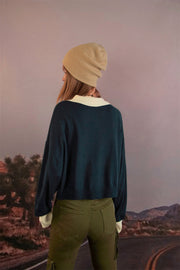 Polo Neck Cropped Knit Sweatshirt