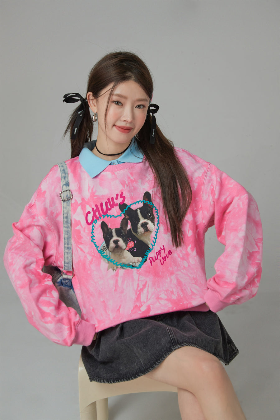 CHUU Puppy Love High Neck Tie-Dye Sweatshirt