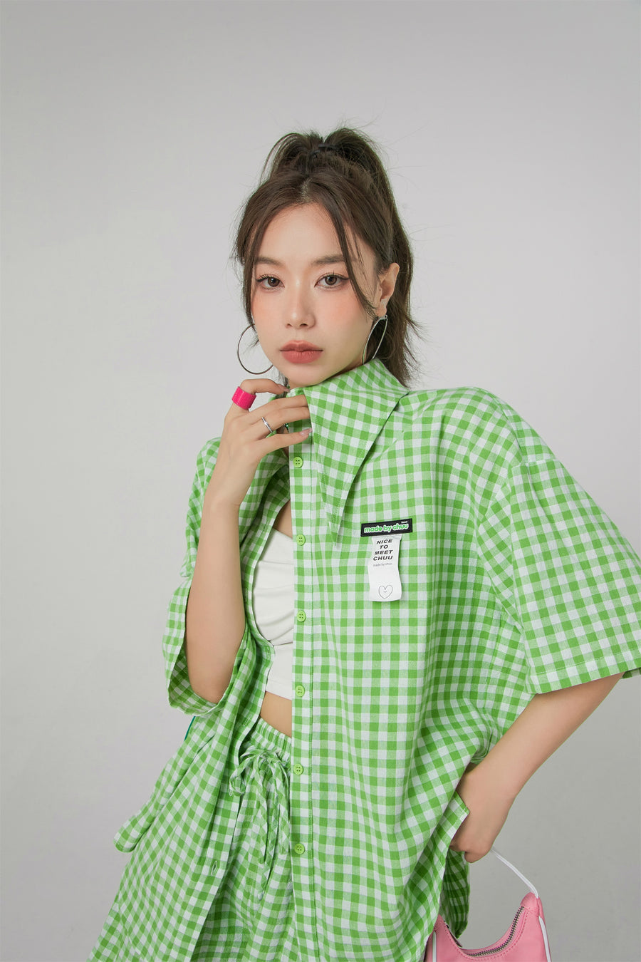 CHUU Gingham Check Maxi Collar Shirt