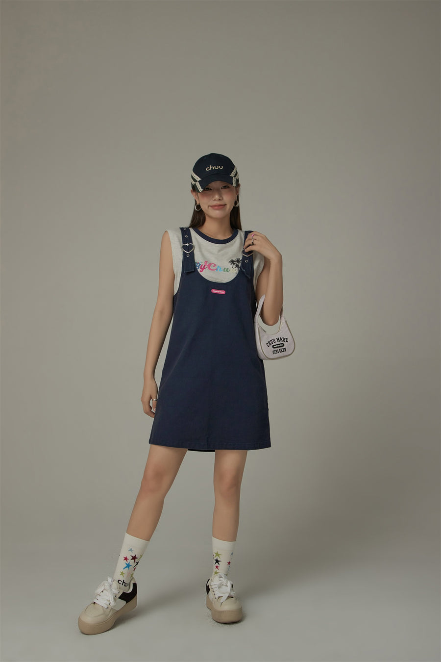 CHUU Heart Buckle Color Overall Mini Dress