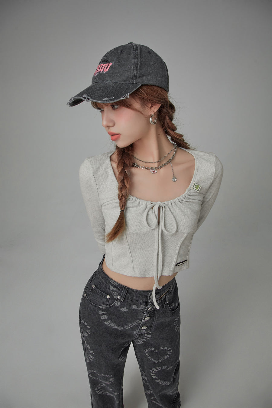 CHUU Deep Tied Round Neck Long Sleeves Top