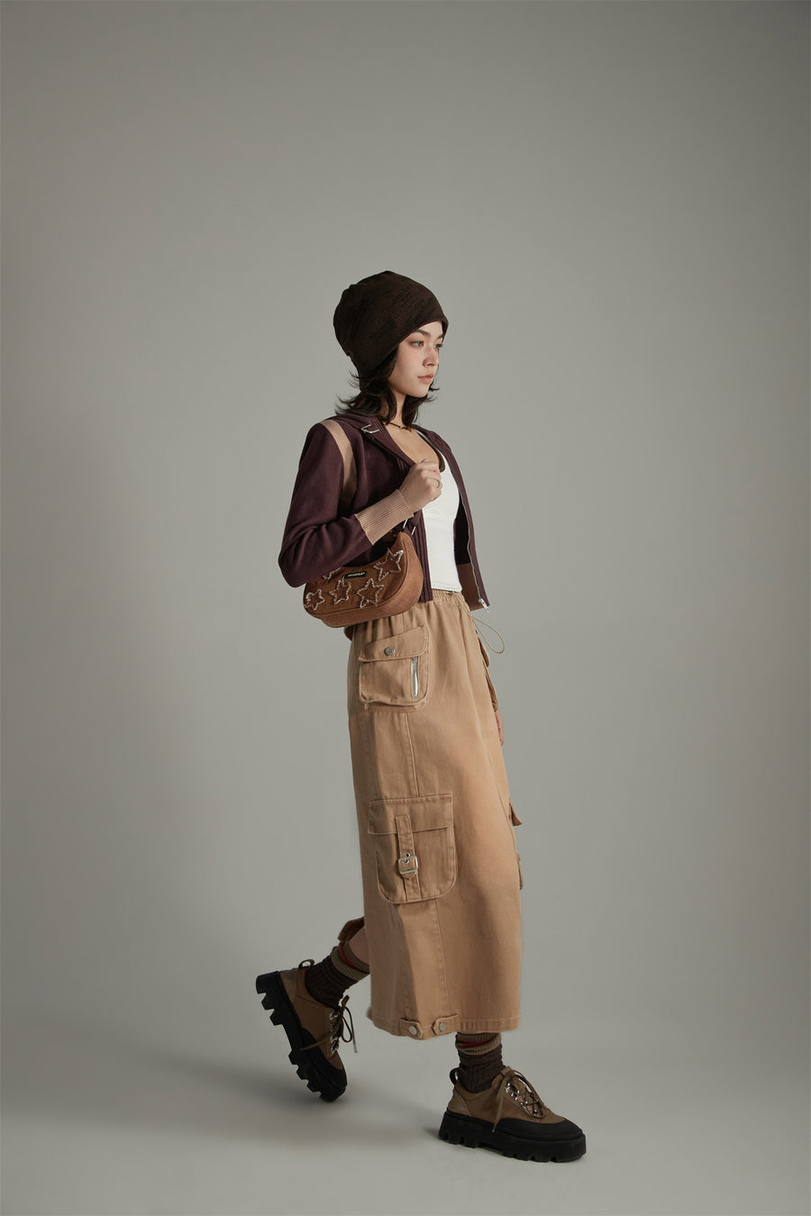 CHUU Denim Or Brown Cotton Cargo Skirt