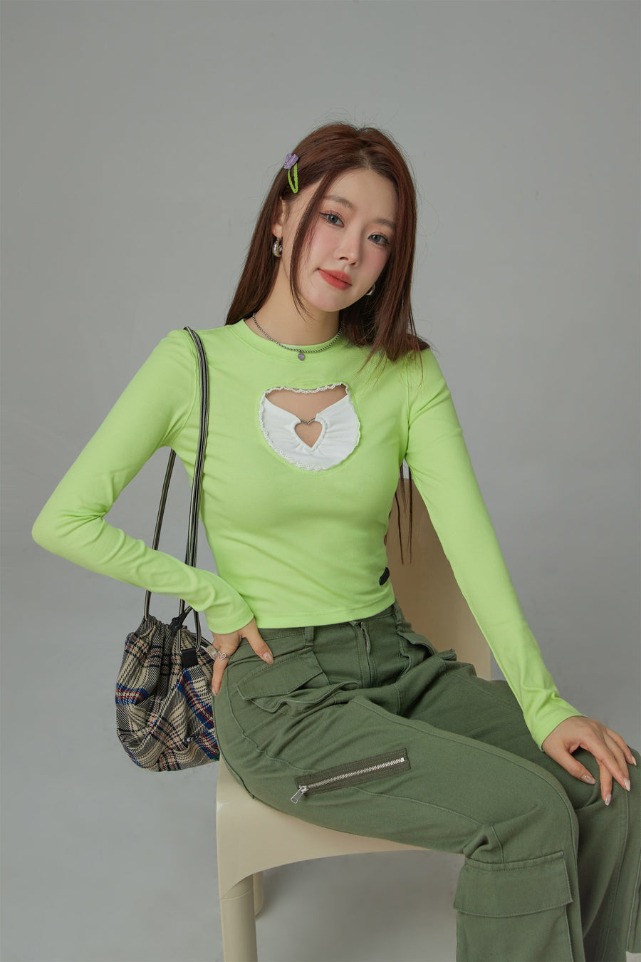 CHUU 2-Layers Heart Cutout Long-Sleeved Top