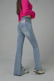 Front Slit Cutout High-Waist Washed Jeans