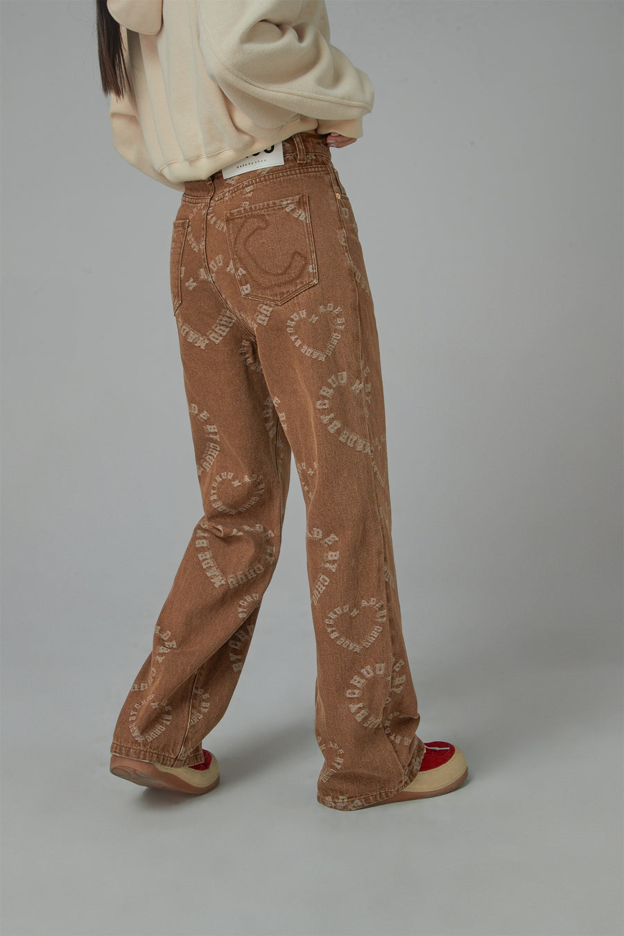 CHUU Waist Cutout Heart Print Wide Jeans