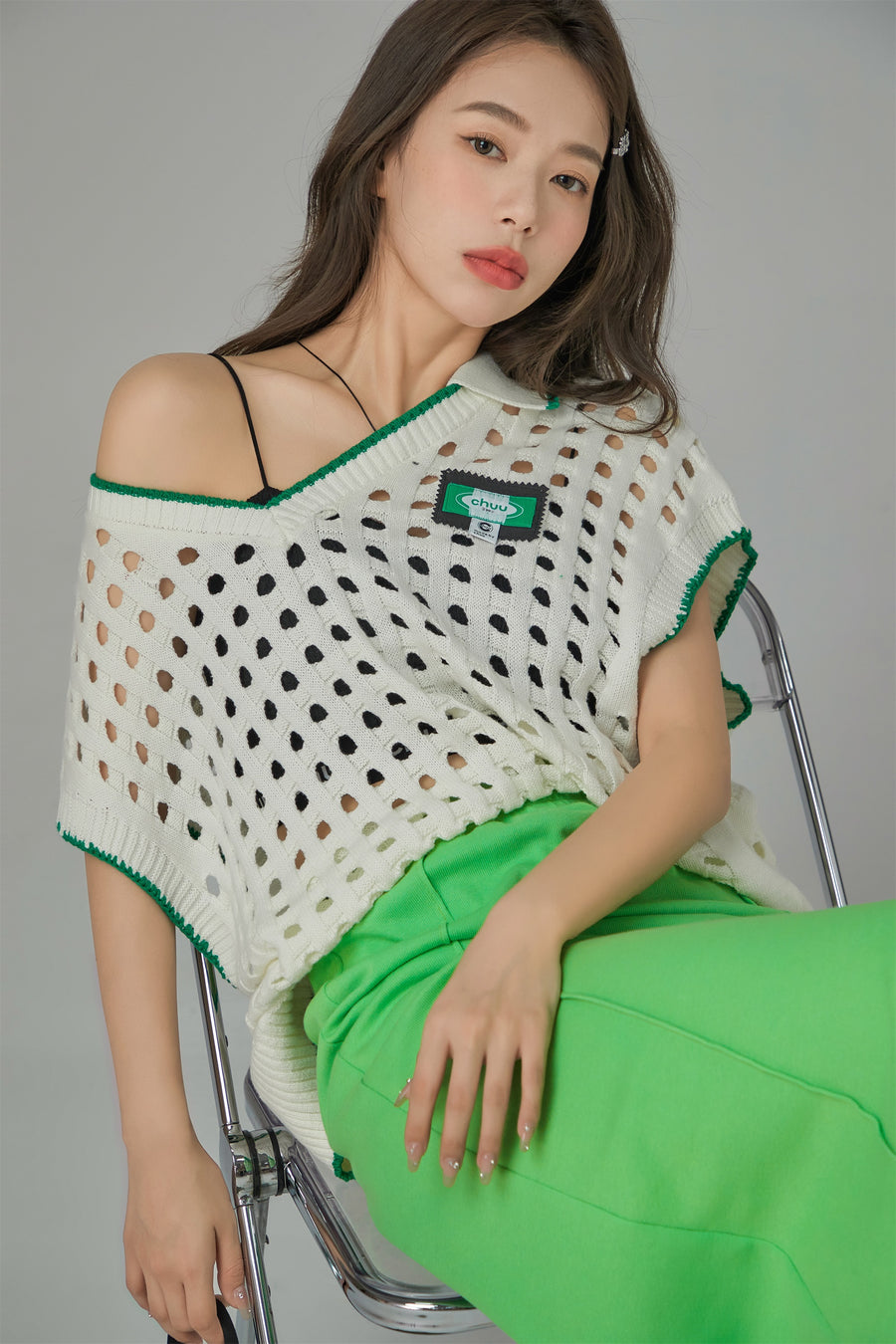 CHUU Ex-Varsity Girl Crochet Vest Sweater