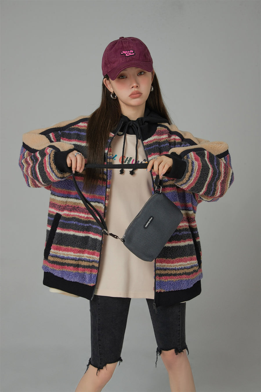 CHUU I See The Light Striped Fleece Overfit Jacket