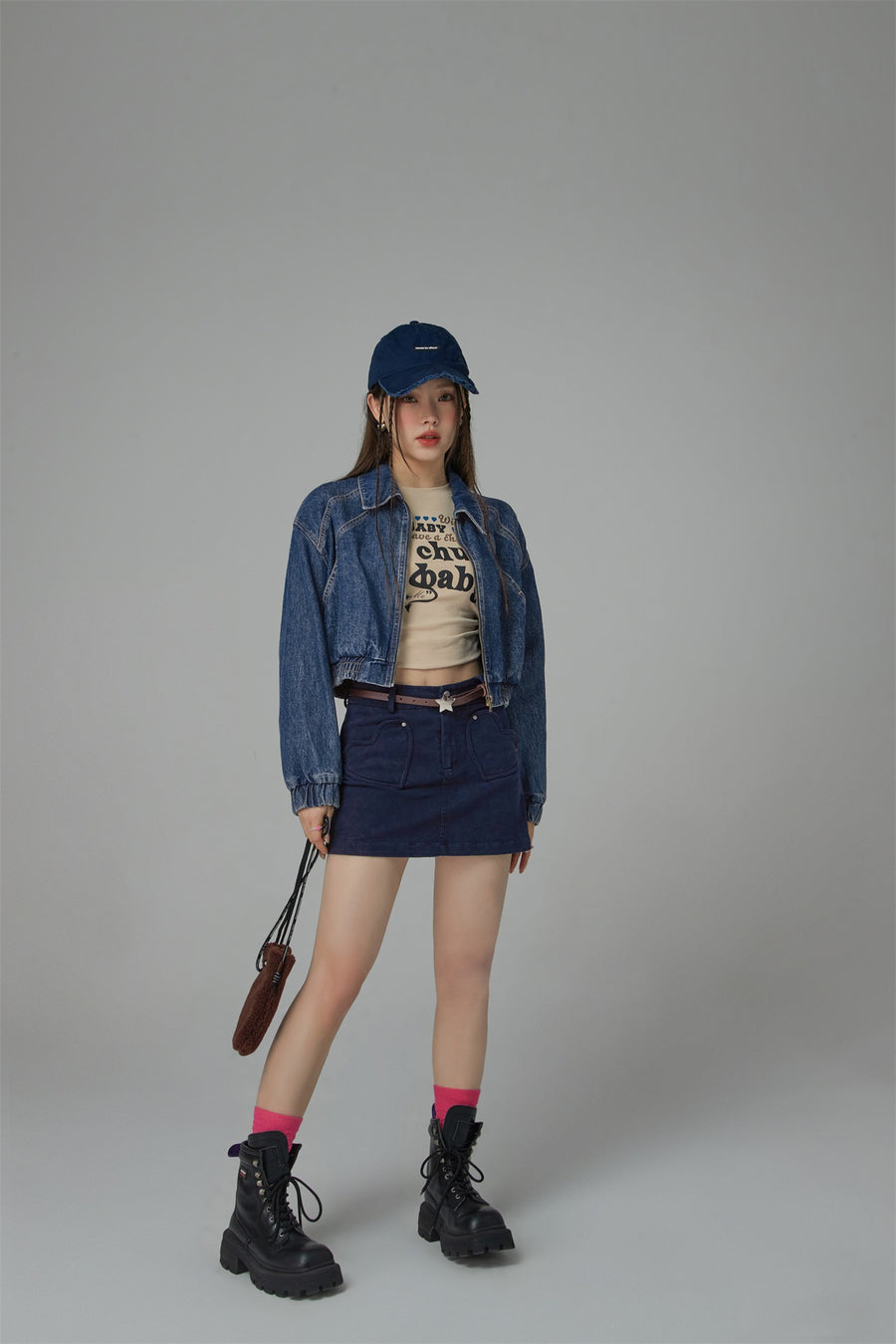 CHUU Heart Pocket Denim Mini Skirt